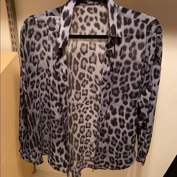 Blue leopard print silk button down - Picture 2 of 4